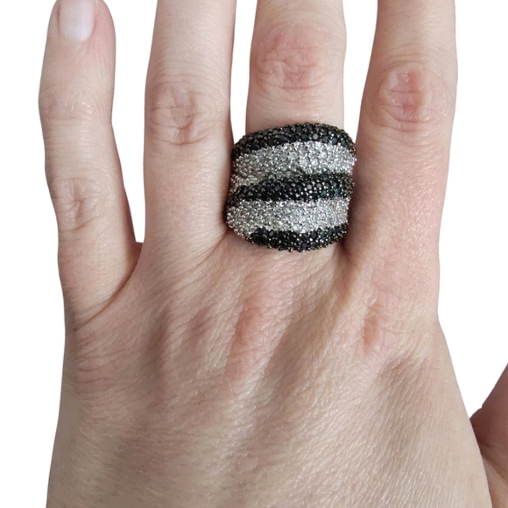 Bold Black & White Pave Rhinestone Statement Cocktail Ring – Wide Band Glam